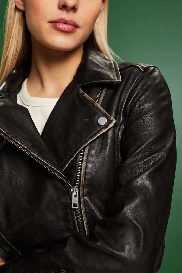 Leather Biker Jacket, BLACK, detail image number 3