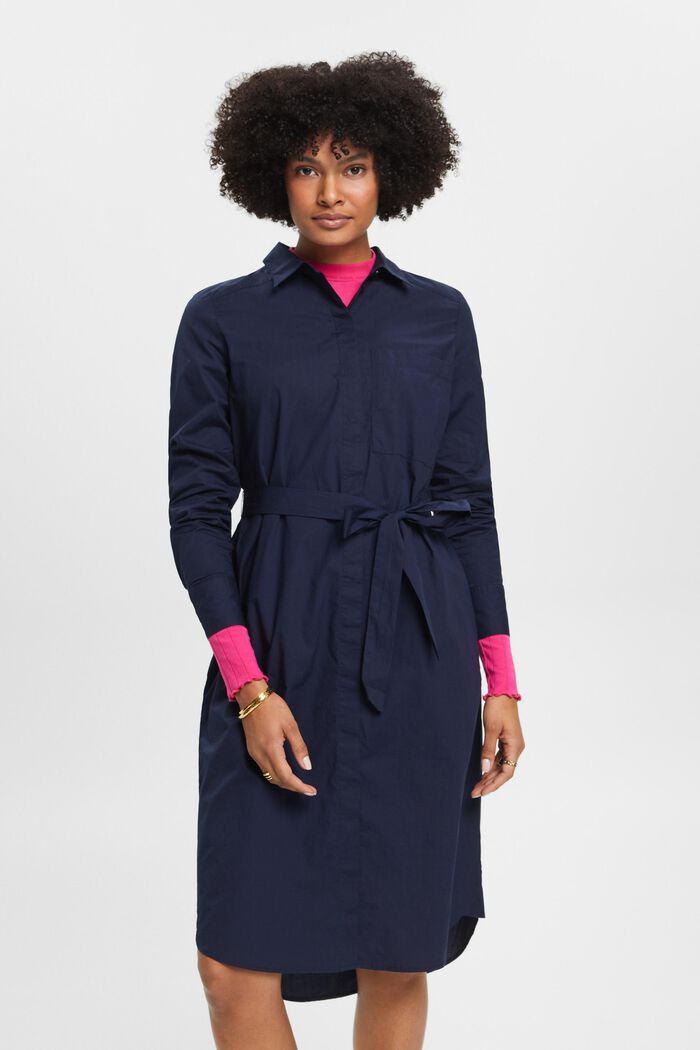 Cotton shirt dress with tie belt, NAVY, detail image number 0