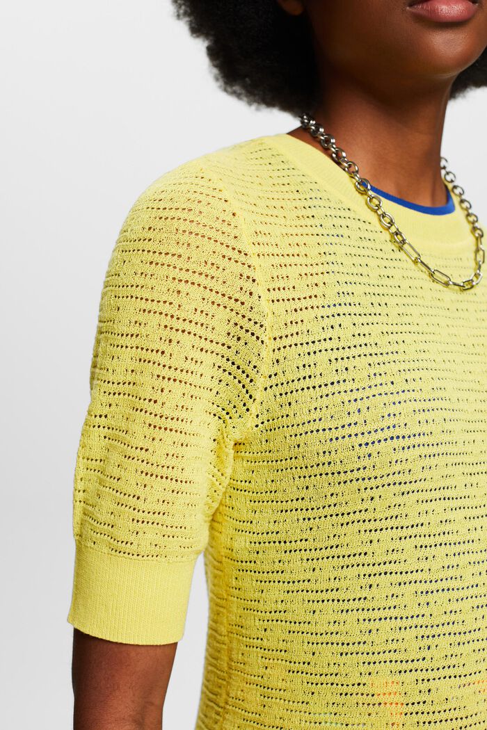 Pointelle Short-Sleeve Sweater, PASTEL YELLOW, detail image number 3