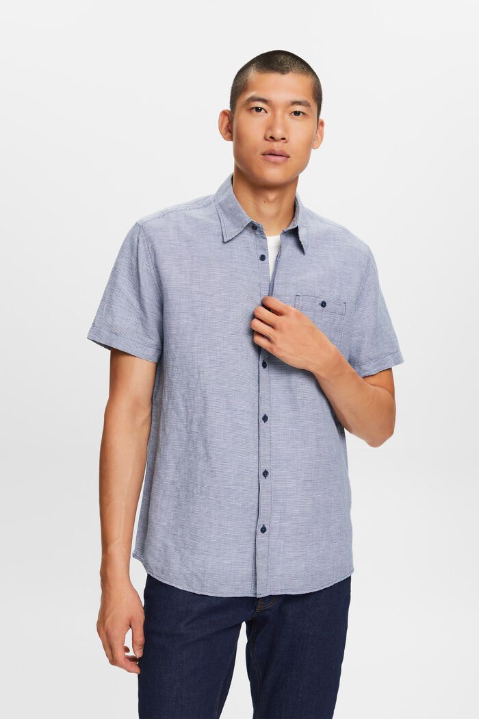 Blended linen dogstooth short-sleeved shirt, BLUE, detail image number 0