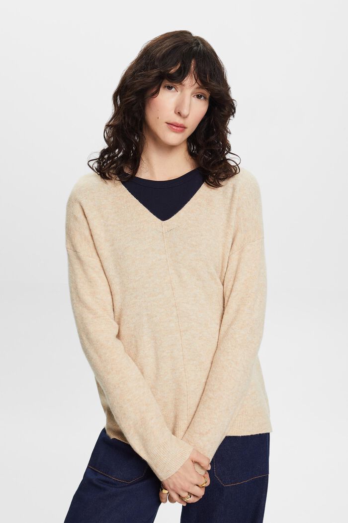Wool Blend V-Neck Sweater, SAND, detail image number 1