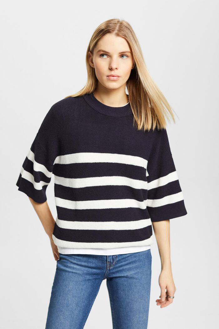 Striped knit jumper with cropped sleeves, NAVY, detail image number 0