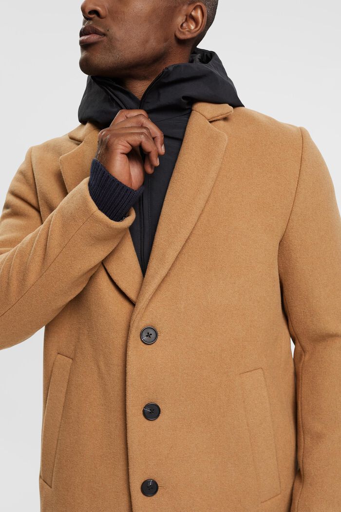 Wool blend coat with detachable hood, CAMEL, detail image number 3
