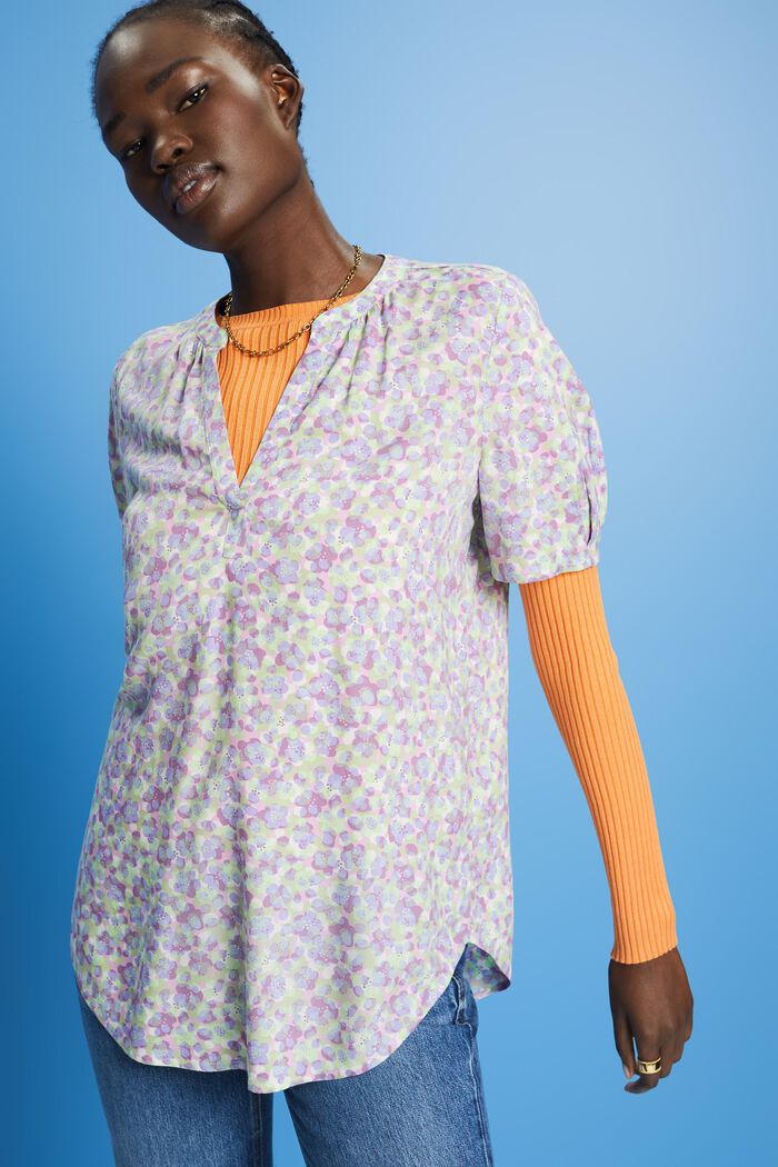 Floral split neck blouse, PURPLE, detail image number 0