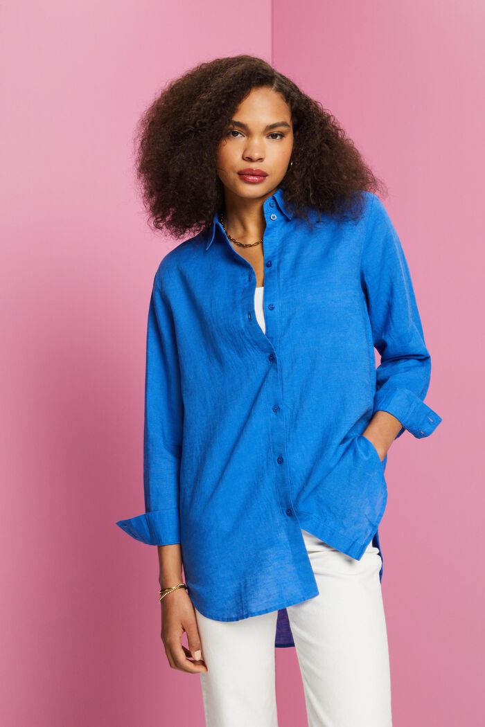 Linen-Cotton Blend Shirt, BRIGHT BLUE, detail image number 0