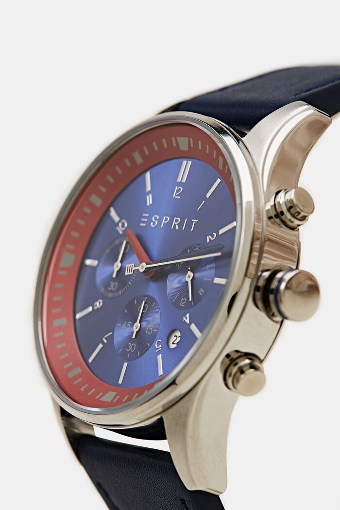 Stainless steel chronograph with a leather strap, BLUE, detail image number 1