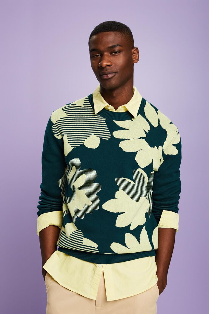 Jacquard Cotton Sweater, DARK TEAL GREEN, detail image number 0