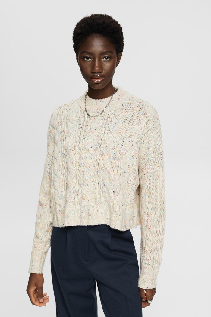 Flecked cable knit sweater with wool