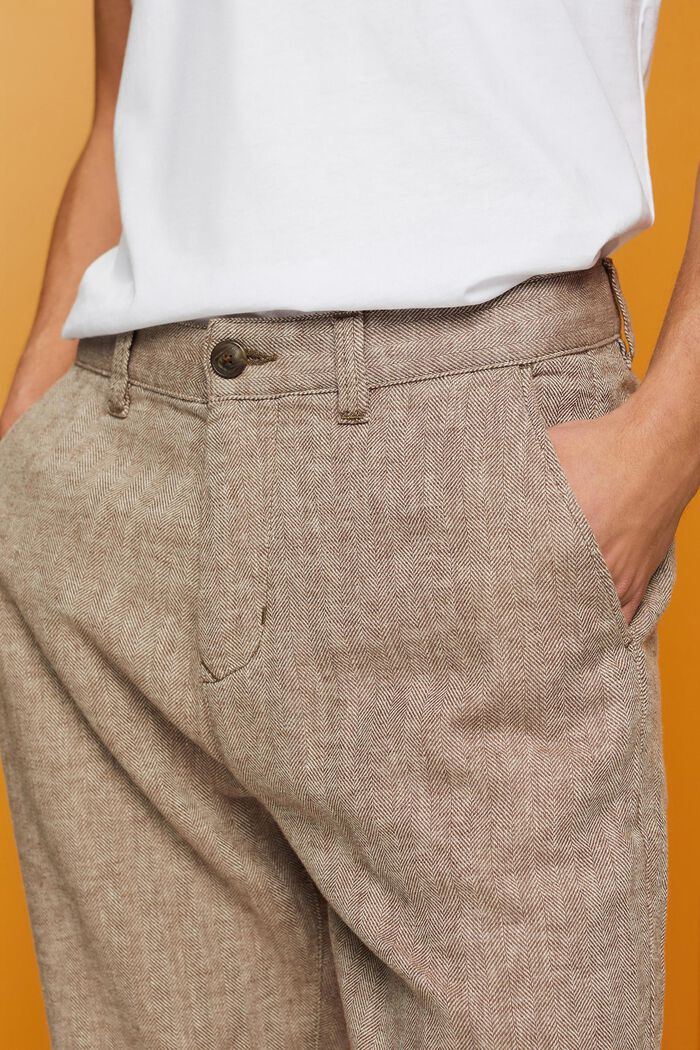 Cotton and linen blended herringbone trousers, DARK BROWN, detail image number 2