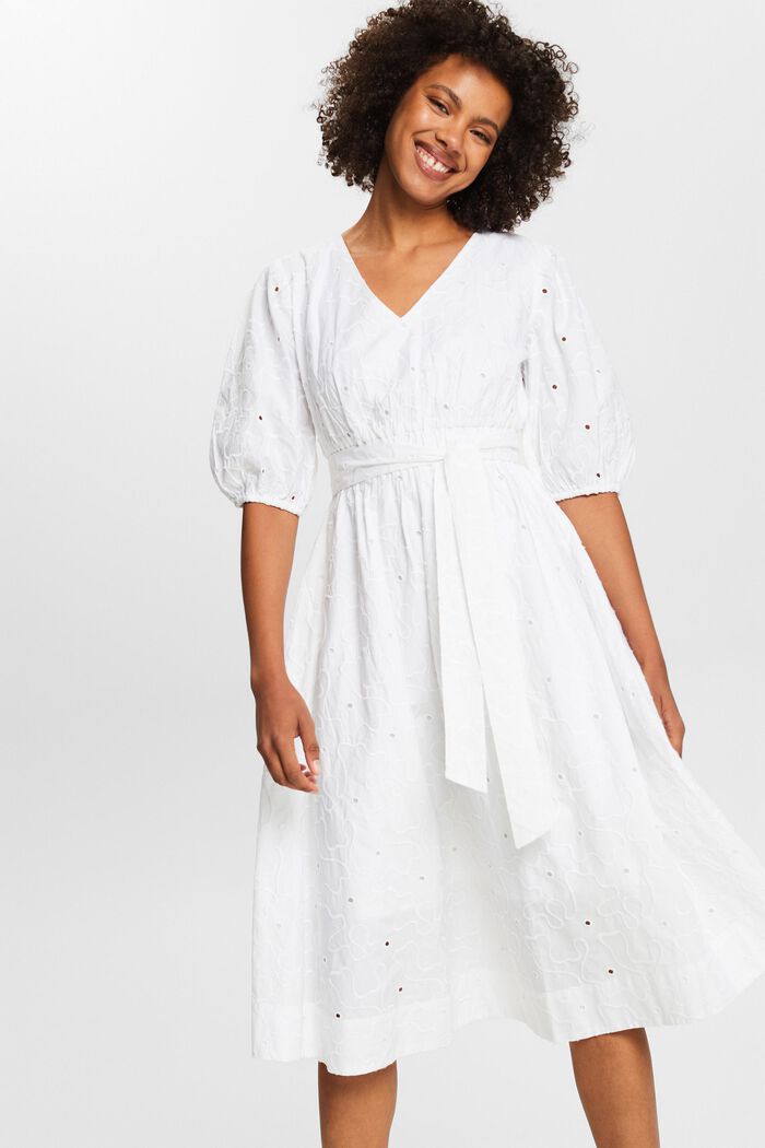 Belted Puff Sleeve Midi Dress, WHITE, detail image number 0