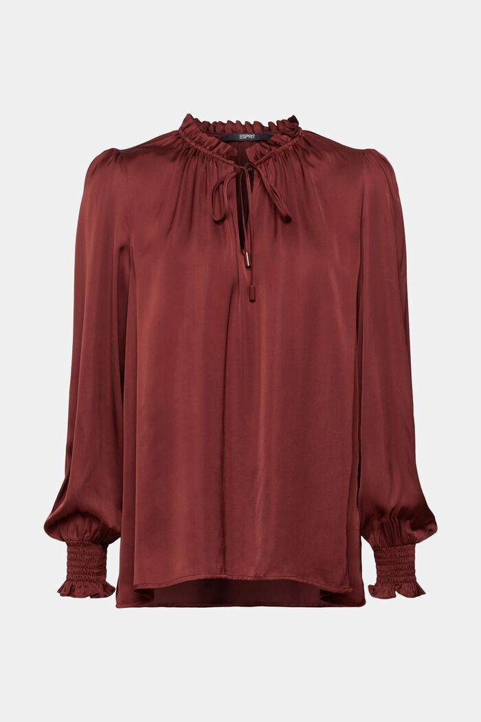 Satin ruffle collar blouse, LENZING™ ECOVERO™, BORDEAUX RED, detail image number 6