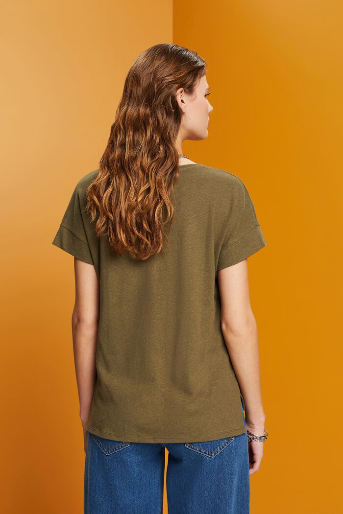 Linen blend: V-neck T-shirt, KHAKI GREEN, detail image number 3