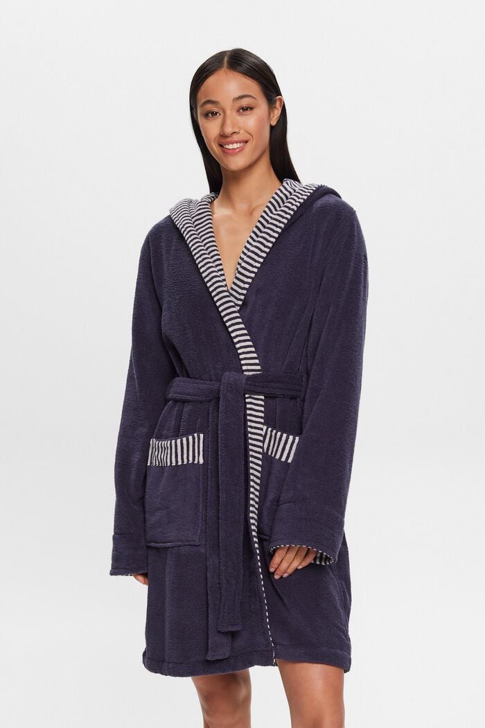 Terry cloth bathrobe with striped lining, NAVY BLUE, detail image number 1