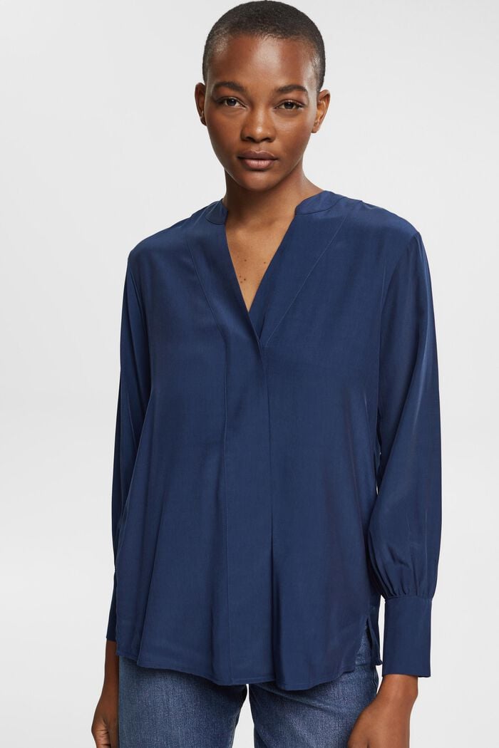 V-neck blouse, LENZING™ ECOVERO™, NAVY, detail image number 1