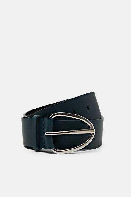 Wide leather belt with metal buckle