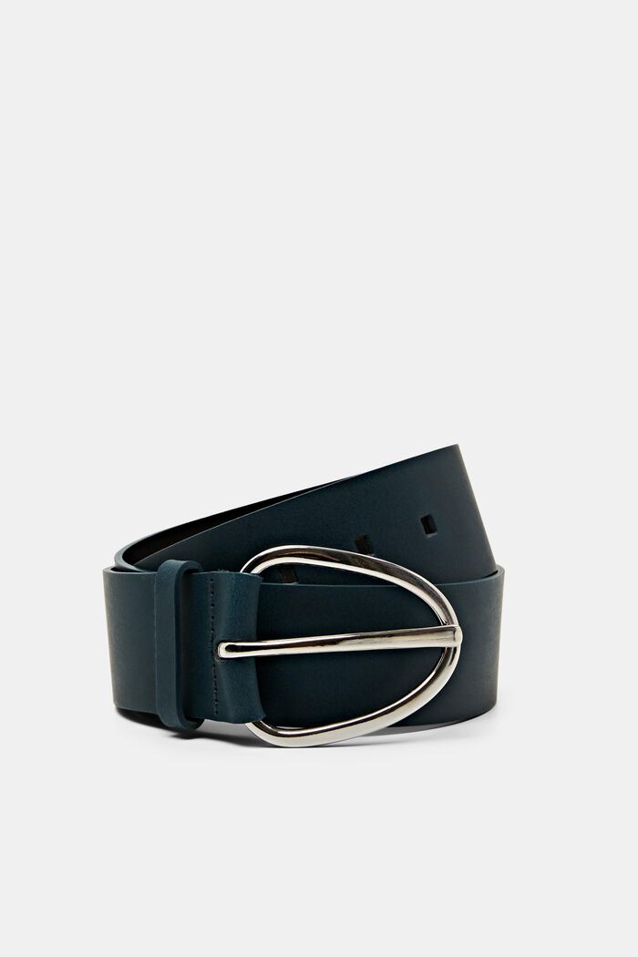 Wide leather belt with metal buckle, TEAL GREEN, detail image number 0