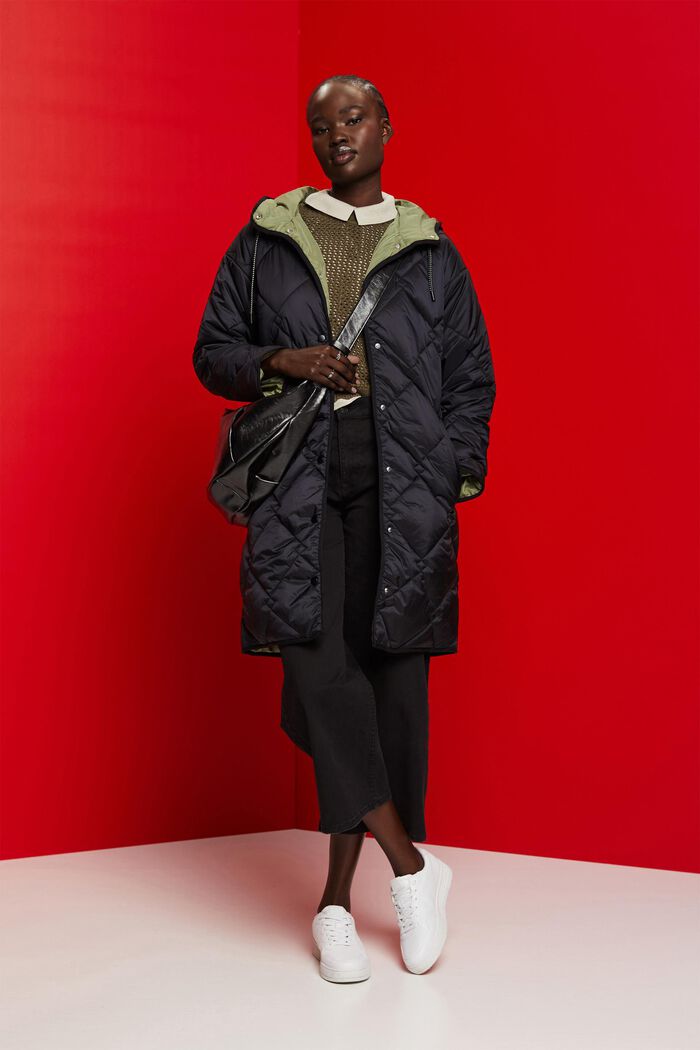 Quilted coat with a hood, BLACK, detail image number 1