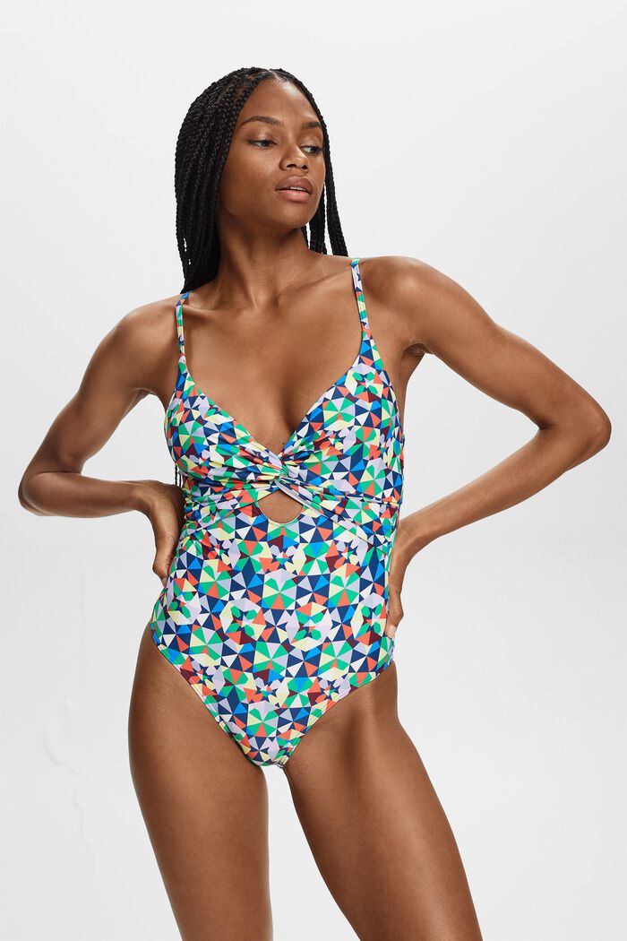 Recycled: patterned swimsuit with a knot detail, GREEN, detail image number 0