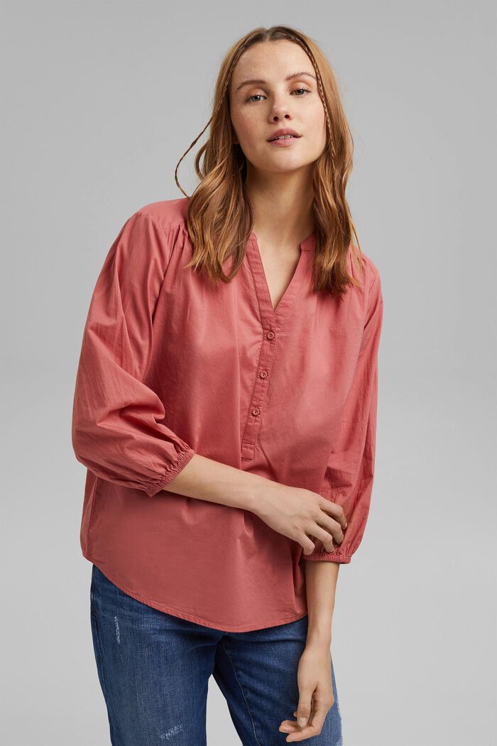Blouse with 3/4-length sleeves, 100% cotton, CORAL, detail image number 0
