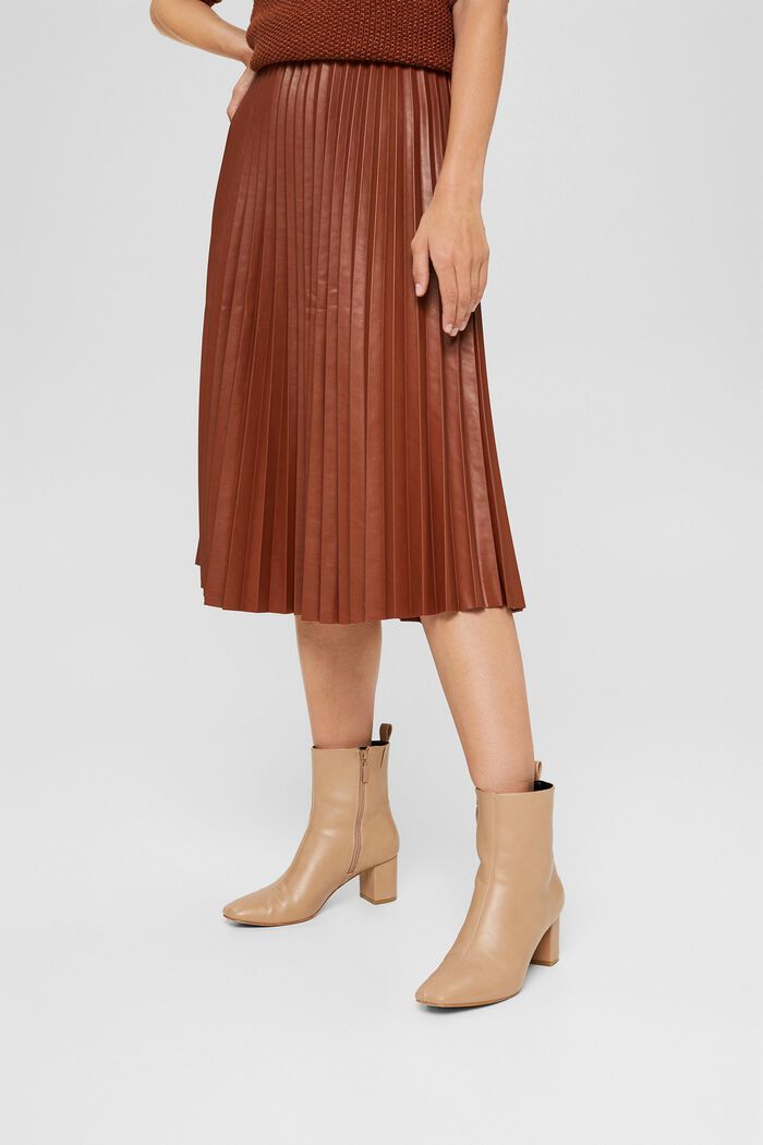 Midi skirt in pleated faux leather, TOFFEE, detail image number 0
