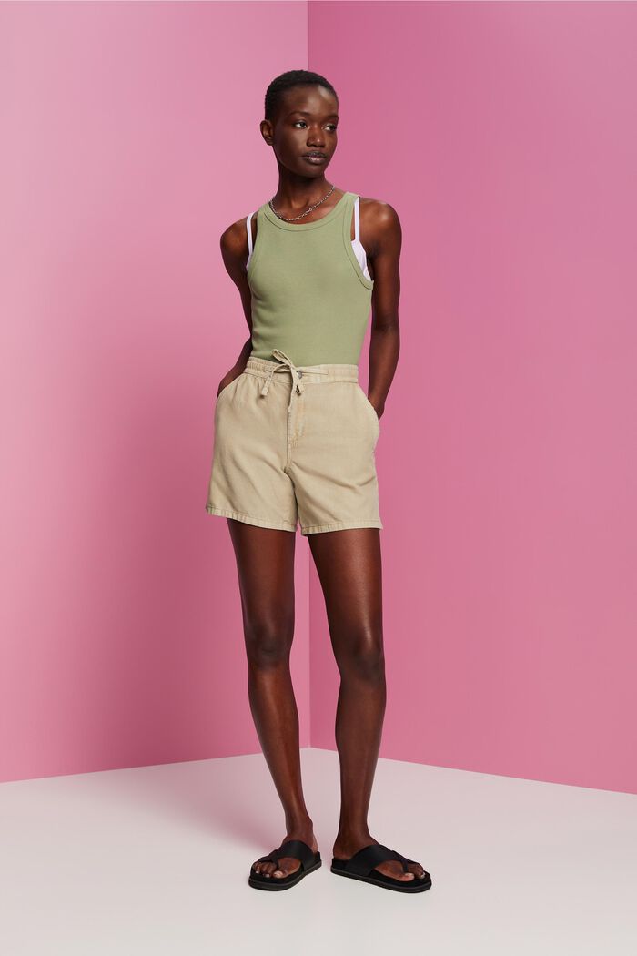 Smocked-Waist Twill Shorts, DUSTY GREEN, detail image number 5