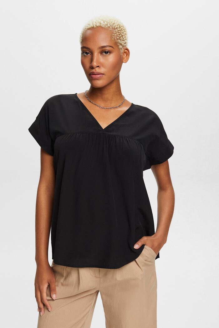 V-neck short-sleeved blouse, BLACK, detail image number 0