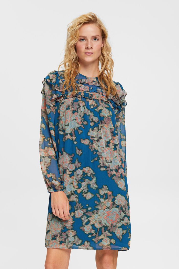 Patterned chiffon dress, TEAL BLUE, detail image number 0