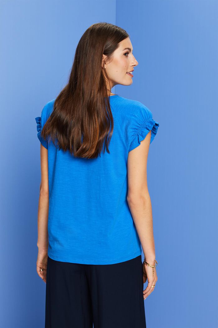 T-shirt with ruffled sleeves, 100% cotton, BRIGHT BLUE, detail image number 3