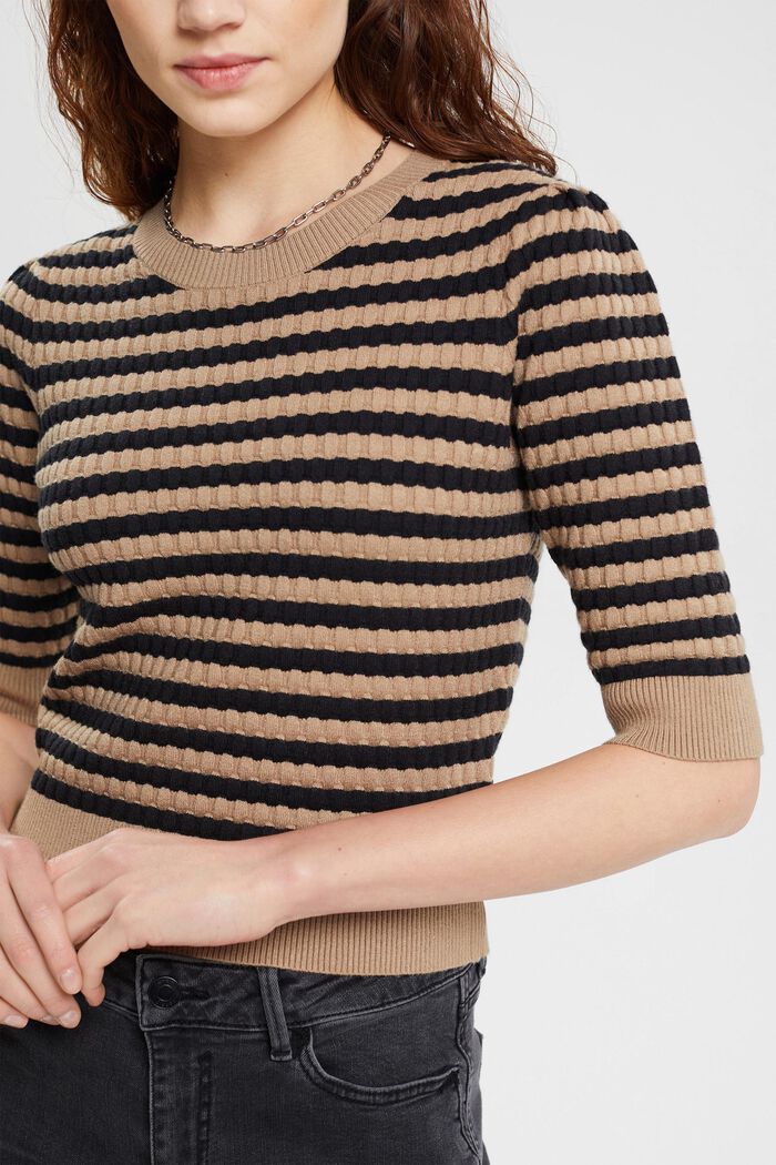 Striped bubble knit sweater with cropped sleeves, TAUPE, detail image number 2