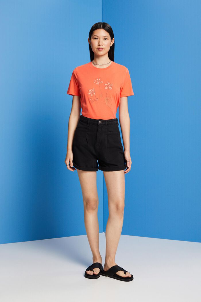 Cotton T-shirt with flower print, CORAL ORANGE, detail image number 4
