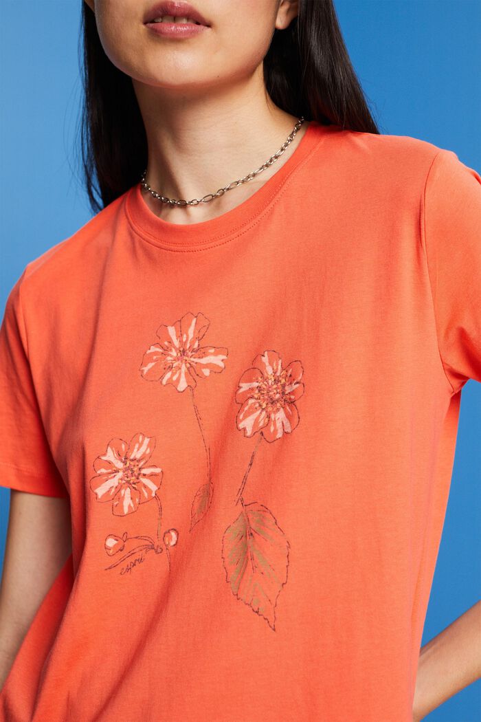 Cotton T-shirt with flower print, CORAL ORANGE, detail image number 2