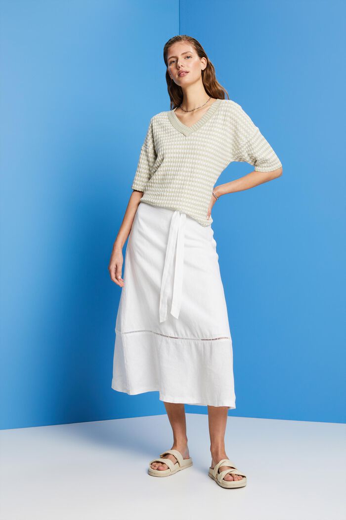 Midi skirt with belt, 100% linen, WHITE, detail image number 1