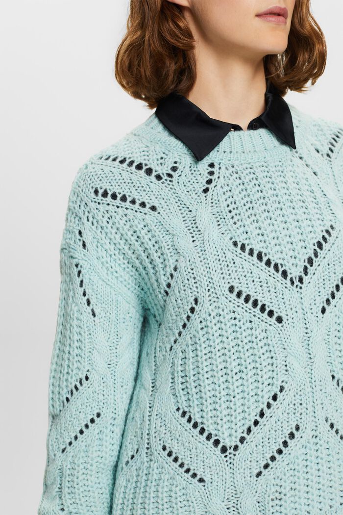 Open Knit Wool-Blend Sweater, LIGHT AQUA GREEN, detail image number 1