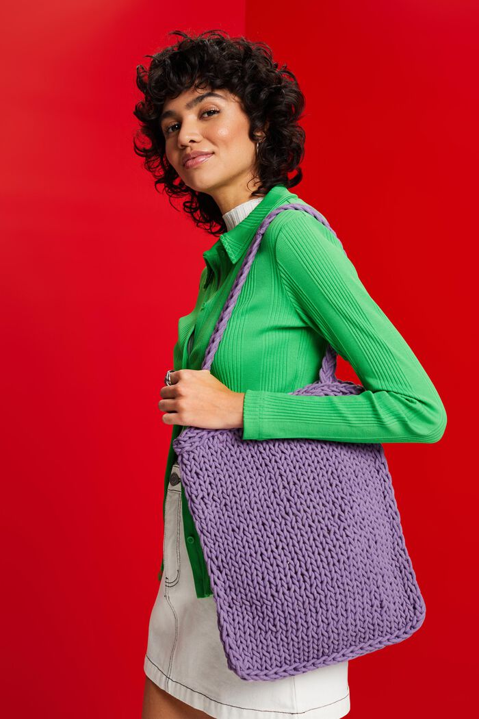 Color-Blocked Crochet Cotton Tote, LILAC, detail image number 4