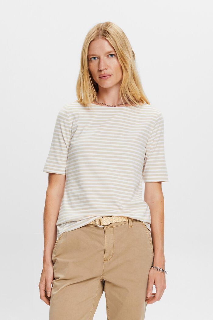 Striped cotton t-shirt with boat neckline, LIGHT TAUPE, detail image number 0