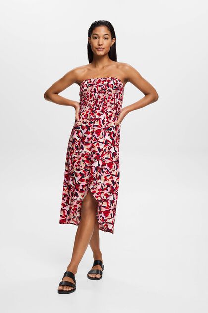 Smocked tube midi-dress with floral pattern