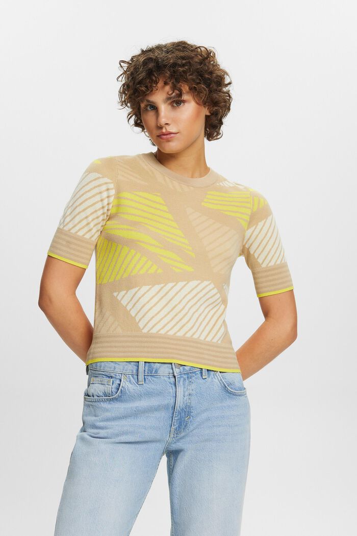 Short-sleeved jacquard jumper, organic cotton, SAND, detail image number 0