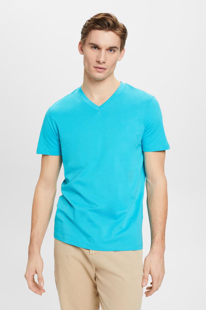 Slim fit V-neck cotton t-shirt, AQUA GREEN, detail image number 0
