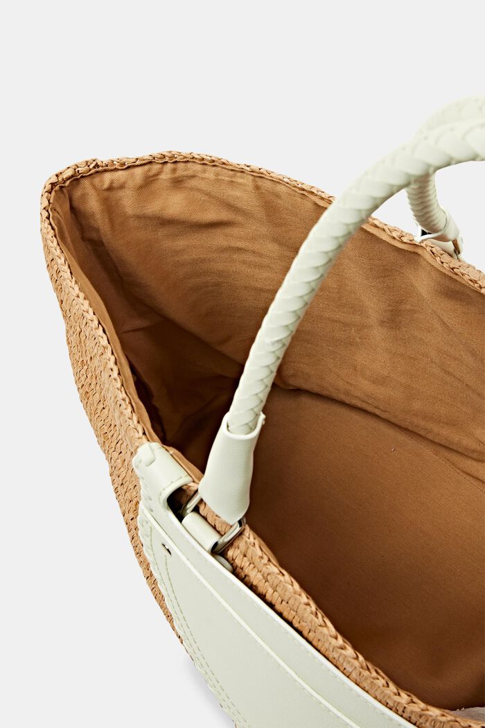 Raffia shopper with faux leather details, OFF WHITE, detail image number 3
