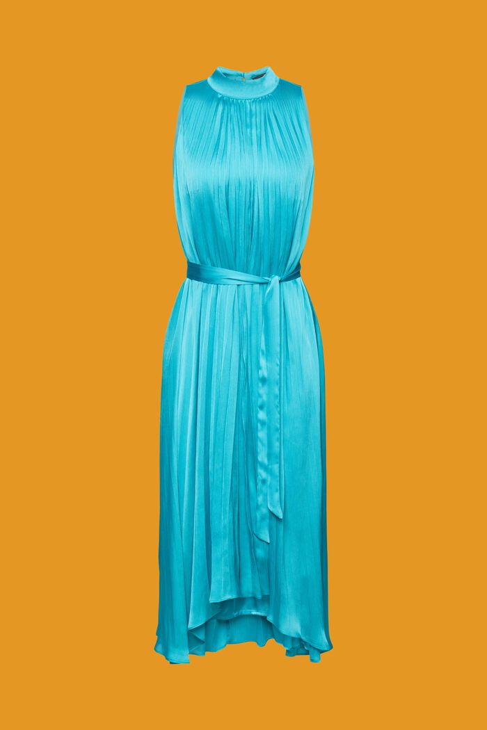 Pleated satin dress with tie belt, AQUA GREEN, detail image number 7