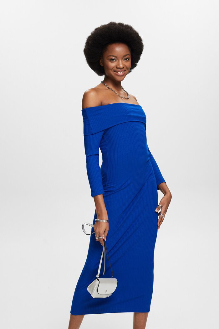 Ribbed Off-Shoulder Midi Dress, BRIGHT BLUE, detail image number 0