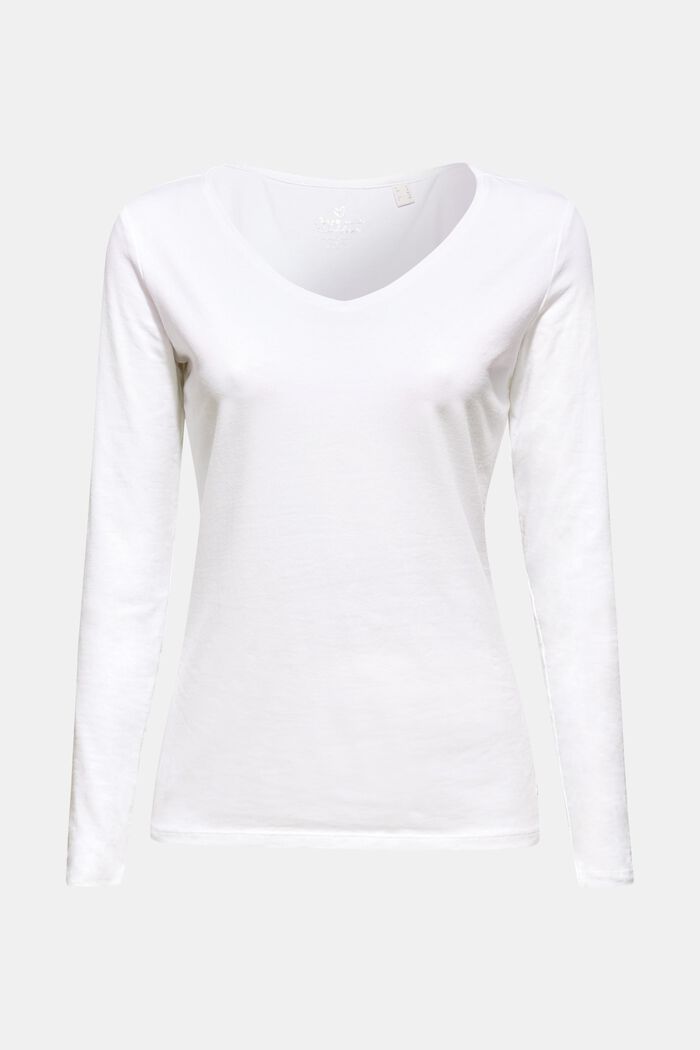 V-neck long sleeve top made of organic cotton with stretch, WHITE, overview