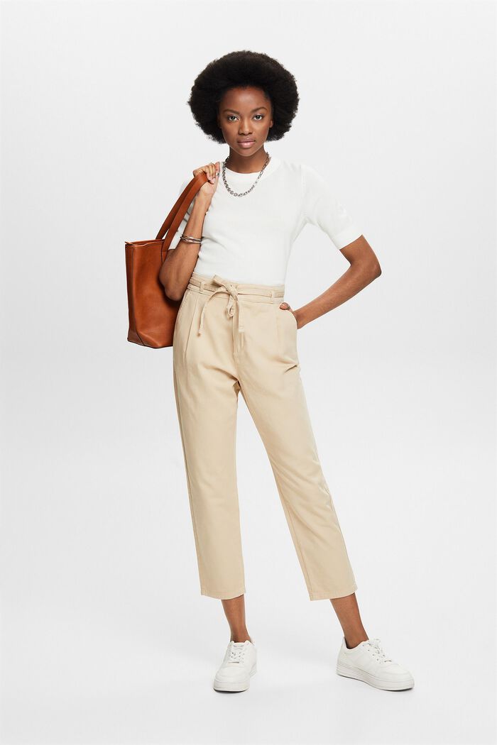 Waist pleat trousers with a belt, pima cotton, BEIGE, detail image number 5