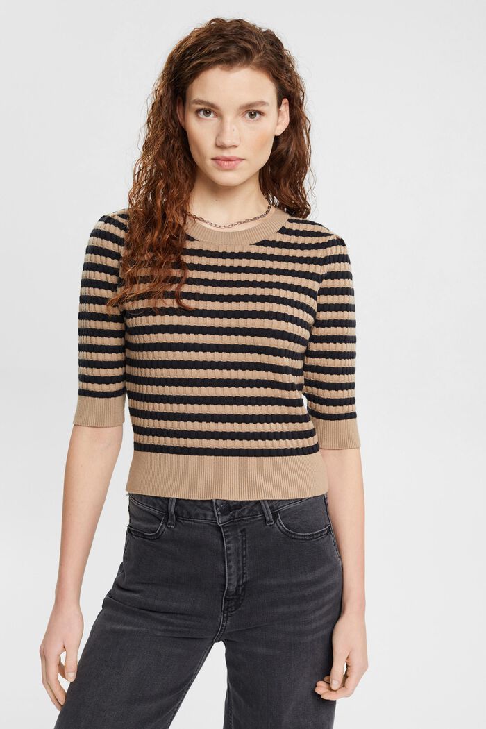 Striped bubble knit sweater with cropped sleeves, TAUPE, detail image number 0