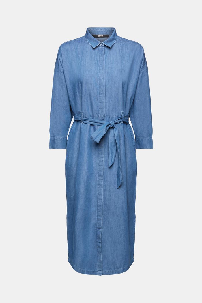 Cotton denim midi dress with tie belt, BLUE MEDIUM WASHED, detail image number 6