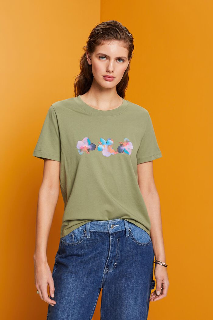 Cotton t-shirt with flower print, LIGHT KHAKI, detail image number 0