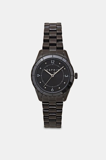 Stainless-steel watch with link bracelet, BLACK, overview