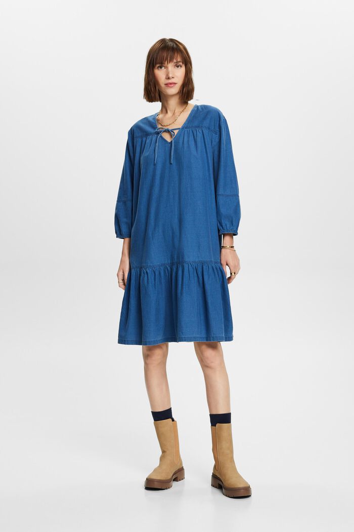 ESPRIT - Tie-Neck Ruffled Chambray Dress at our online shop