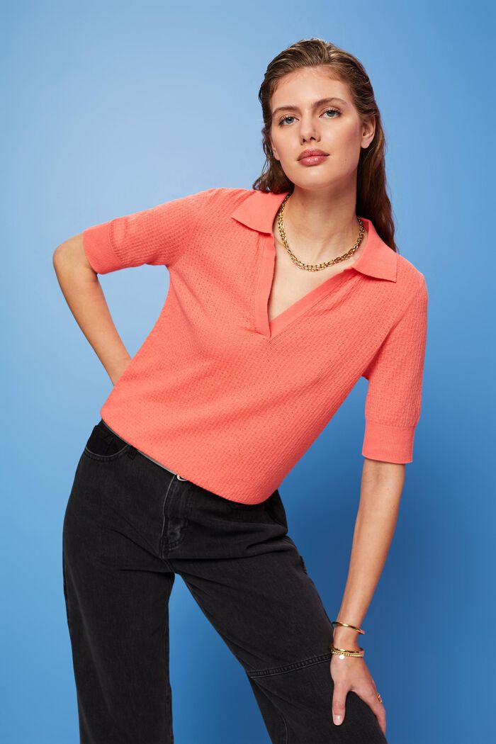 Pointelle polo jumper, silk blend, CORAL, detail image number 4