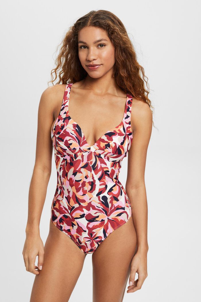 Carilo beach padded swimsuit with floral print, DARK RED, detail image number 0